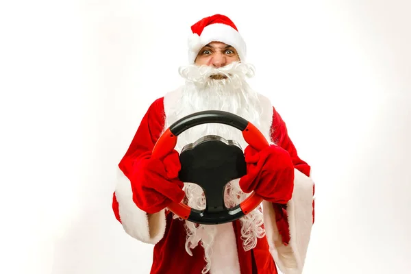 Emotional Santa Steering Wheel White Background — Stock Photo, Image