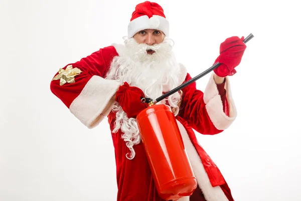 Hombre Navidad Ropa Santa Con Extintor Fuego Pie Contra Aislado —  Fotos de Stock