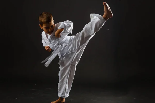 Boy Martial Arts Uniform Posing Dark Background — Stock Photo, Image