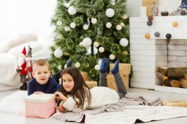 Geleneksel şöminesi olan dekore edilmiş oturma odası. Evde sıcak bir kış akşamı. Çocuklar poz 