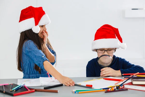 Happy Little Children Santa Hats White Background Christmas Celebration — Stock Photo, Image