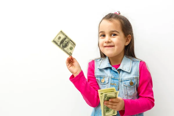 Menina Bonito Segurando Dinheiro — Fotografia de Stock