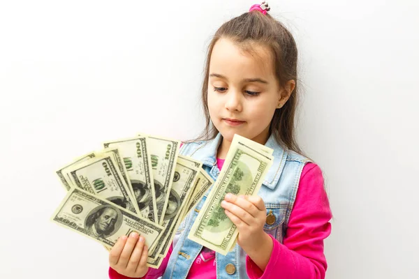 Menina Bonito Segurando Dinheiro — Fotografia de Stock