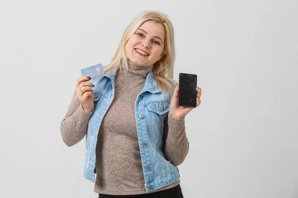 Portrait Happy Woman Buying Online Smart Phone Isolated White Background — Stock Photo, Image