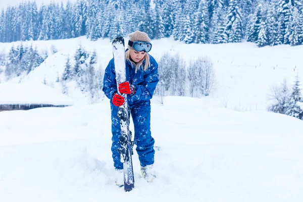 Portrait Pretty Skier Blue Overalls Ski Resort — Stock Photo, Image