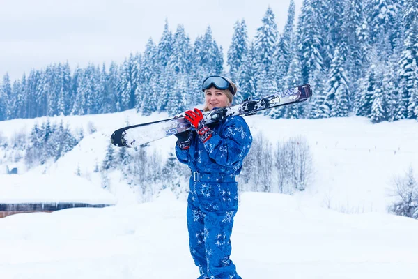 Portrait Pretty Skier Blue Overalls Ski Resort — Stock Photo, Image