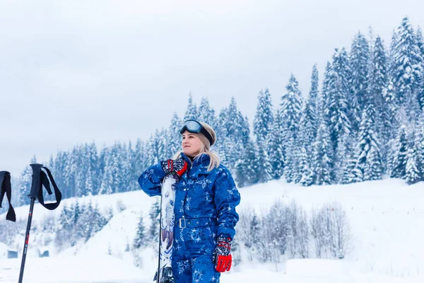 Portrait Pretty Skier Blue Overalls Ski Resort — Stock Photo, Image