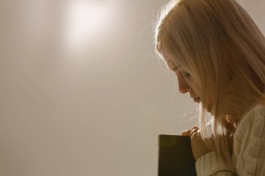 Woman hands praying to god with the bible. Woman Pray for god bl