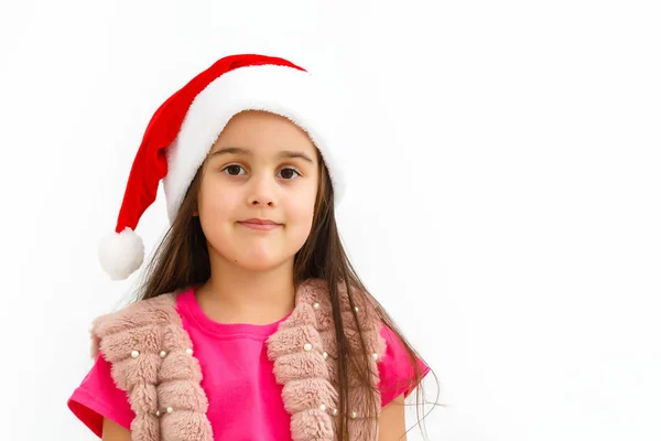 Linda Niña Sombrero Navidad Sobre Fondo Blanco —  Fotos de Stock