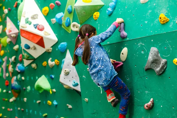 Little Girl Climber Leisure Park Climbing Wall — Stock Photo, Image