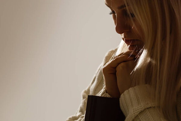 Woman hands praying to god with the bible. Woman Pray for god bl