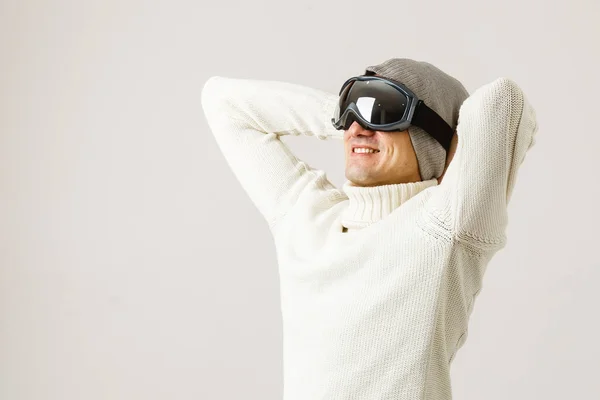 Portrait Happy Young Man Wearing Ski Glasses — Stock Photo, Image