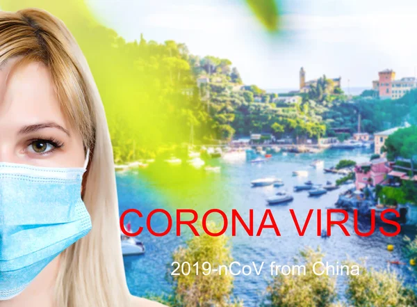 masked woman on the background of the Italian city. Protect your health. Copy space for your text. Novel coronavirus 2019 concept.