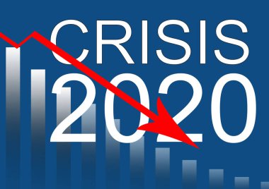 Kriz 2020 kelimesi, borsa arka planı için mavi panton yüzeyine beyaz harflerle yazıldı.