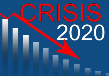 Kriz 2020 kelimesi, borsa arka planı için mavi panton yüzeyine beyaz harflerle yazıldı.