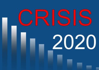 Kriz 2020 kelimesi, borsa arka planı için mavi panton yüzeyine beyaz harflerle yazıldı.
