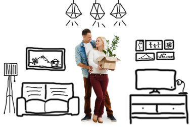 Mutlu bir ailenin dijital kompozit görüntüsü yeni bir ev hayal ediyor.