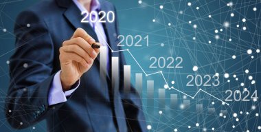 İşadamı basarak 2020 degrade açık mavi arka plan üzerinde iş düz simgesi başlatmak, İş mutlu yeni yıl kapak konsepti