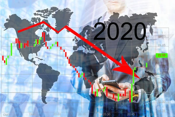 Crisis Económica 2020 Flechas Rojas Caen Suelo Que Indica Recesión —  Fotos de Stock