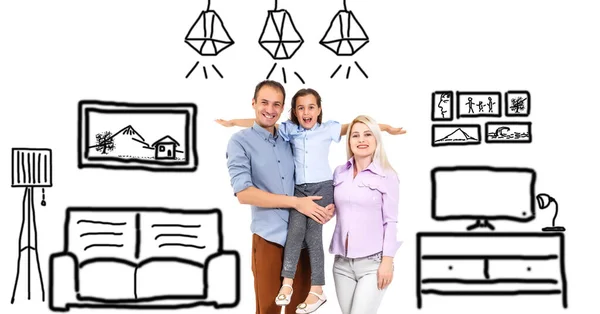 幸せな家族の景色彼らの新しい家の夢と青の背景に家具 未来のスケッチを描く家族 フラットインテリア — ストック写真