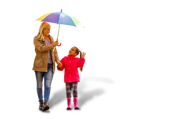 Happy Young Family Using Umbrella Isolated White Mother Daughter — Stock Photo, Image