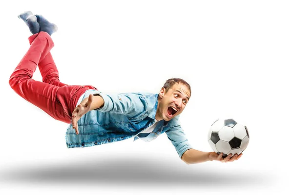 Jovem Aplaudindo Segurando Uma Bola Futebol Fundo Branco — Fotografia de Stock