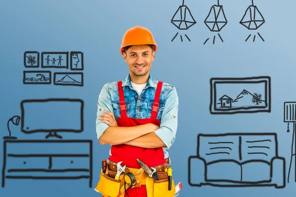 Männlicher Arbeiter Mit Helm Reparateur Heimwerker Handwerker Über Gezeichneten Plan — Stockfoto