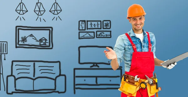 Trabajador Con Casco Reparador Manitas Comerciante Sobre Plano Casa Dibujado — Foto de Stock