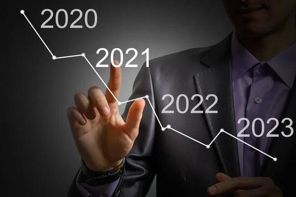 Mano Del Hombre Apuntando Gráfico Éxito 2021 Año Concepto Negocio — Foto de Stock