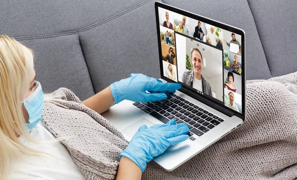 View over girl shoulder, use webcam and laptop enjoy distant communication with family. Diverse relatives people chatting via videoconference application modern technology for make life easier concept — Stock Photo, Image