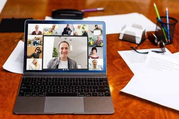 Many portraits faces of diverse young and aged people webcam view, while engaged in videoconference on-line meeting. Group video call application easy usage concept — Stock Photo, Image