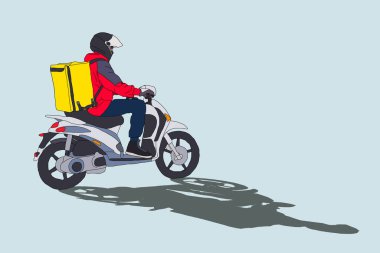 Modern yaratıcı dağıtım konsepti illüstrasyonunda teslimatçı kargo scooterını parçalıyor, izole edilmiş. Motosikletli bir erkek karakter.