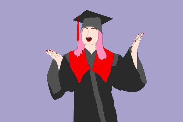 pop art illustration of an excited young girl graduate student in a graduation cap and mantle with a university diploma in her hand. The concept of celebrating the graduation ceremony