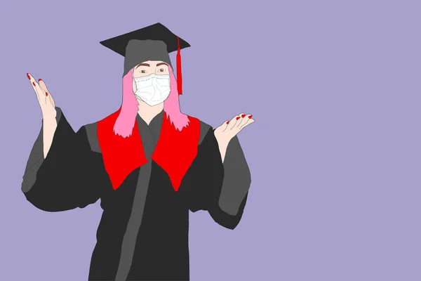 Mezuniyet şapkası ve peleriniyle üniversite diploması giymiş heyecanlı genç bir kızın sanat çizimi. Mezuniyet töreni konsepti. — Stok fotoğraf