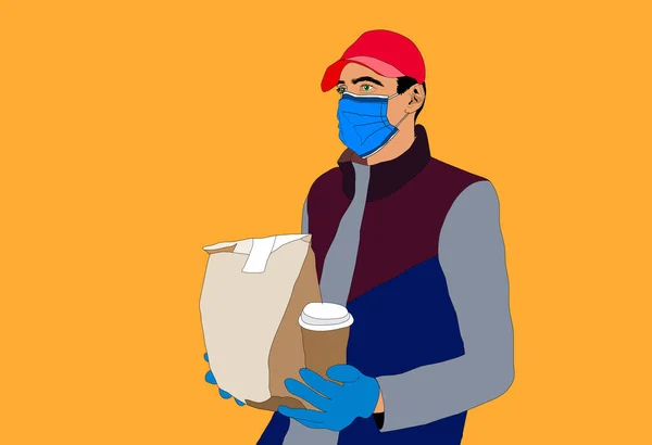 Delivery of goods during the prevention of coronovirus, Covid-19. Courier in a face mask with a box in his hands. Portrait from the waist up. flat illustration. — Stock Photo, Image