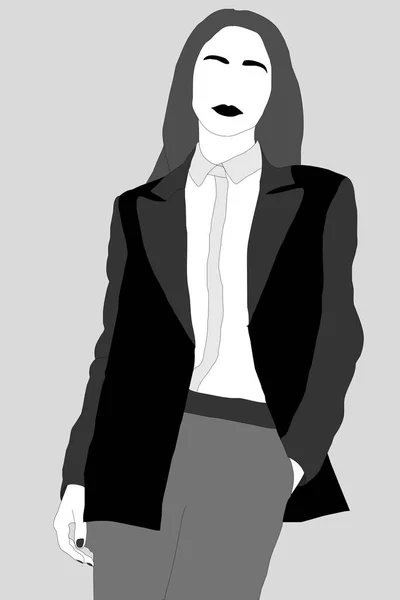 Une femme d'affaires portant un costume, souriante, debout devant un fond gris . — Photo