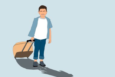 Mavi arka planda bir çocuk ve bavul çizimi