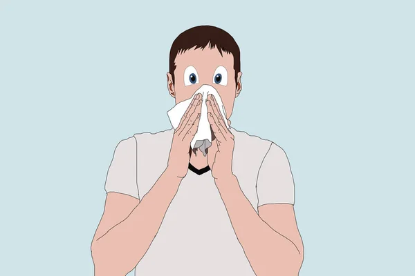 Sick man. Unhappy character. cartoon illustration. Man with handkerchief in hand. Season allergy