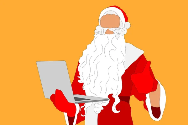 Santa Claus Holding Laptop Computer Portrait Santa Claus Flat Style — Stock Photo, Image
