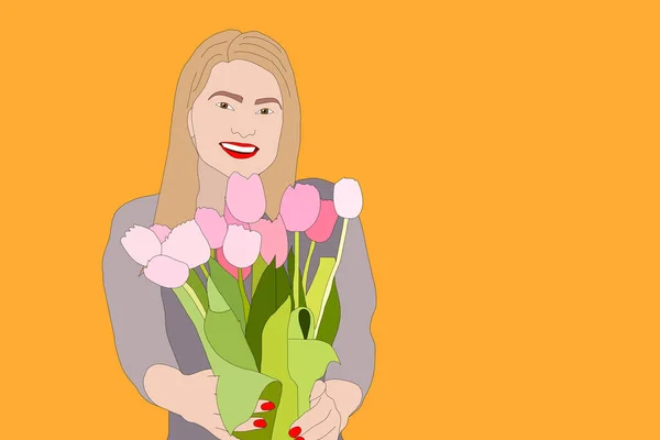 可爱的卡通画妇女与花 花卉插画 — 图库照片
