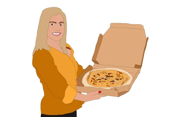 Glückliche Frau Mit Pizza Und Pizzaschachtel Der Hand Hintergrund Für — Stockfoto
