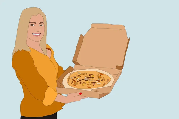 Boldog Kezében Pizza Pizza Doboz Elszigetelt Illusztráció Gyors Élelmiszer Üzleti — Stock Fotó