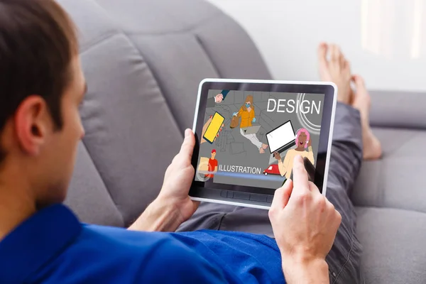 Man Hand Working Tablet Illustration Project Home While Relaxing Couch — Stock Photo, Image