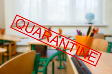 Karantinaya alın. Okul koronavirüsü. Virüsler. Salgın hastalıklar. İlaç..