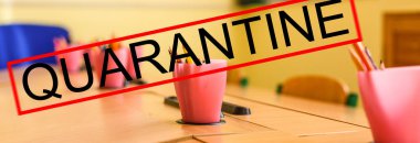 Karantinaya alın. Okul koronavirüsü. Virüsler. Salgın hastalıklar. İlaç..