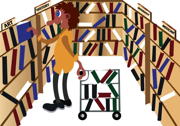 Bibliotekarie som sköter böcker — Stock vektor