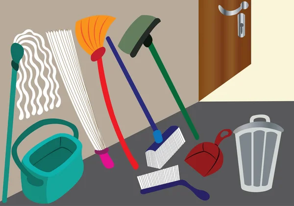 Διάφορα Εργαλεία Που Χρησιμοποιούνται Στον Καθημερινό Καθαρισμό Όπως Σκούπες Και — Διανυσματικό Αρχείο