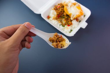 Kızarmış domuz eti ve fesleğenli pilav. 