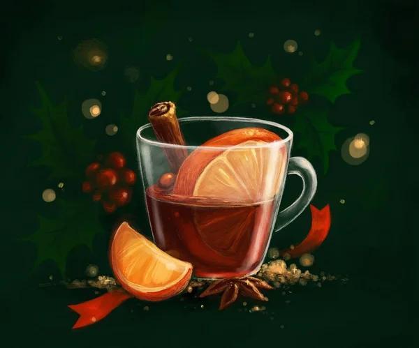 Digitale Zeichnung Einer Tasse Glühwein Mit Gewürzen Und Orangenscheiben — Stockfoto