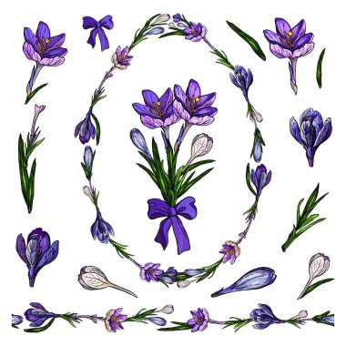 Yumurta şeklindeki krukus sonsuz yatay fırça ve vektör romantik elementler mevsimlik tatil ve bahar tasarımı için beyaza izole edilmiş.